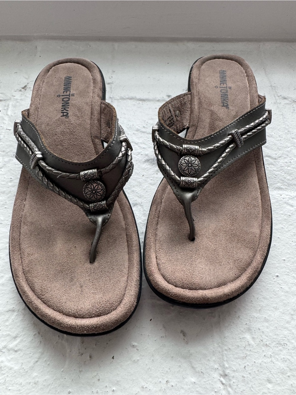 Minnetonka Metallic Gray Braided Thong Sandals